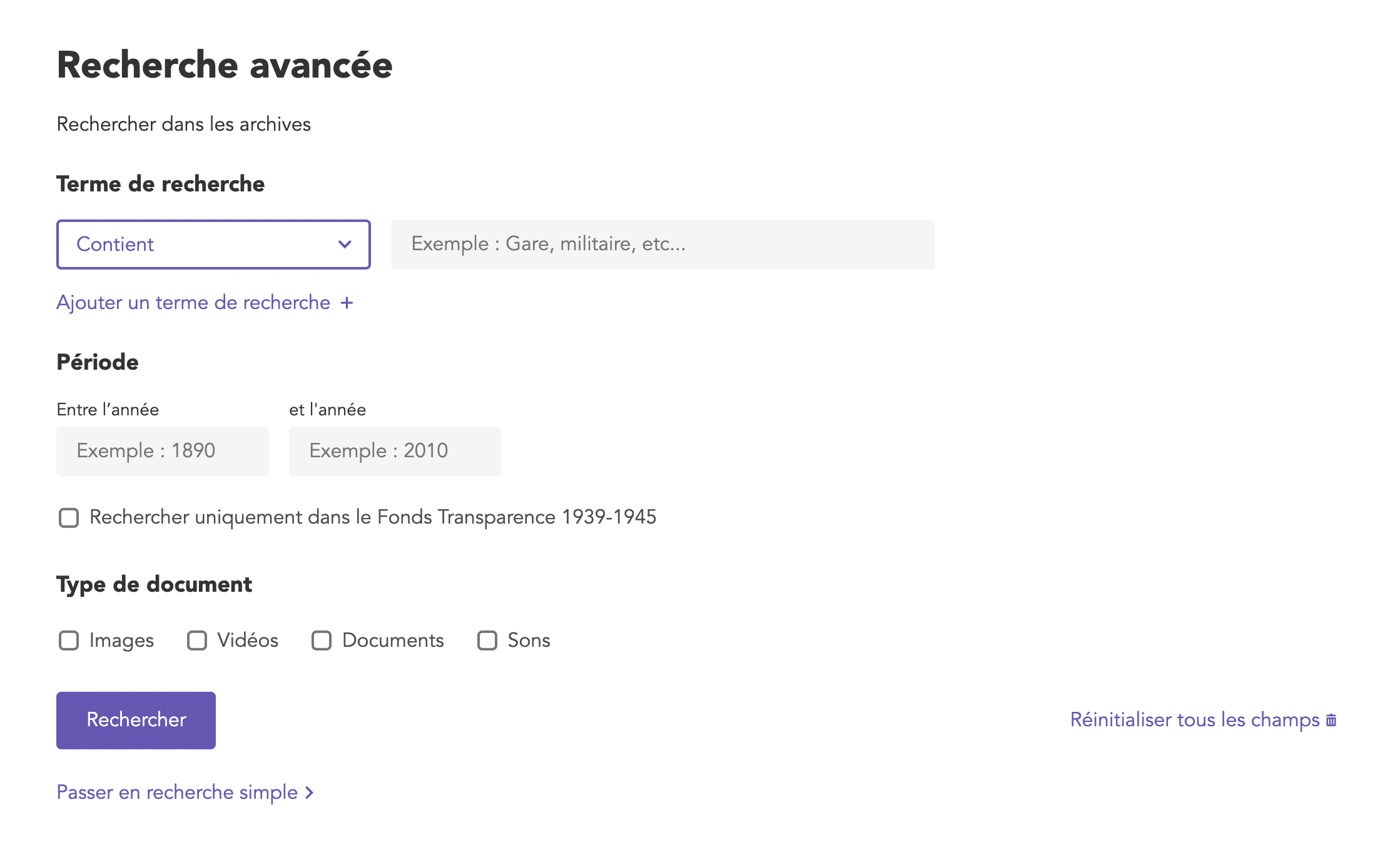 Affichage du formulaire de recherche avancée