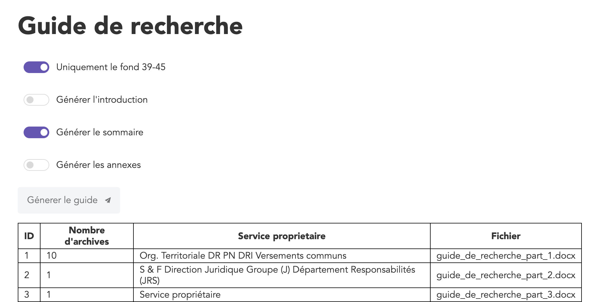 Exemple du module de génération du guide de recherche