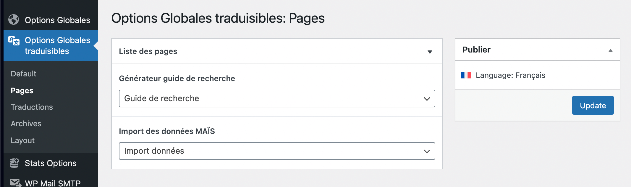 Choix de la page d&#39;import