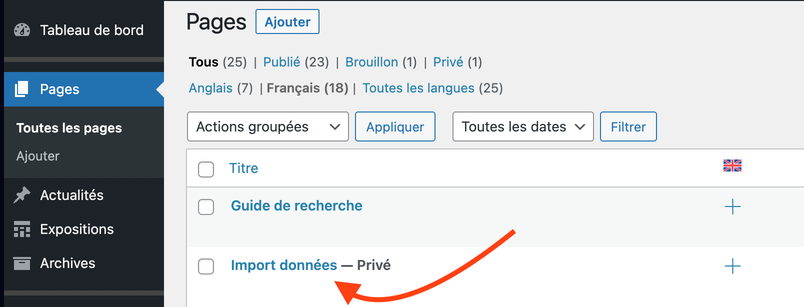 Page d&#39;import des archives